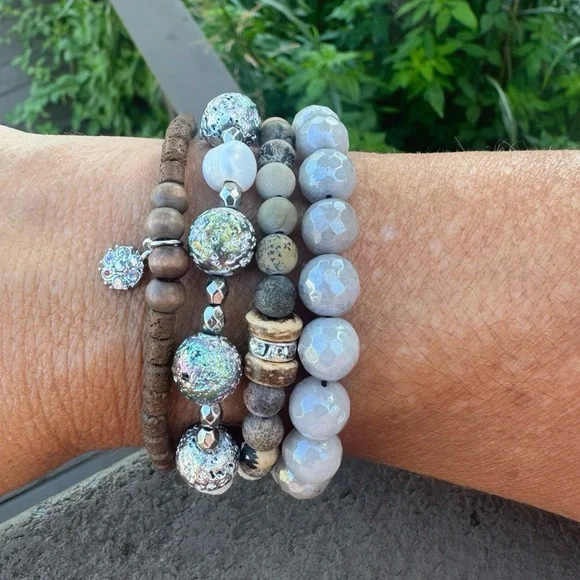 Beaded Bracelet Stack Set in Fall Colors grey brown neutrals Sparkle Accents - Picture 4 of 5